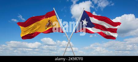 Due bandiere incrociate Puerto Rico e la spagna ondeggiano nel vento a cielo nuvoloso. Concetto di rapporto, dialogo, viaggiare tra due paesi. 3d illustrati Foto Stock