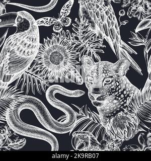 Animali tropicali senza cuciture modello di sfondo design. Stile inciso. leopardo disegnato a mano, serpente, toucan, scarlatto macaw, coda di rondine gigante africana Illustrazione Vettoriale