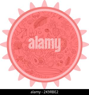 Set di oggetti estivi. Elementi disegnati a mano per progetti di progettazione. Costumi da bagno, bevande, foglie di palma, frutta, occhiali da sole e altro. Illustrazione Vettoriale