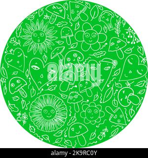 Divertente set di personaggi a fungo. Emozioni diverse. Carina collezione di personaggi cartoni animati. Modello vegetale. Illustrazione Vettoriale