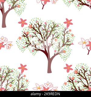 Motivo senza cuciture con elementi floreali e a base di erbe. Tessitura decorativa di alberi di primavera fiorenti per carta da parati, tessile, cartoleria, scrapbook, web, avvolgimento Illustrazione Vettoriale
