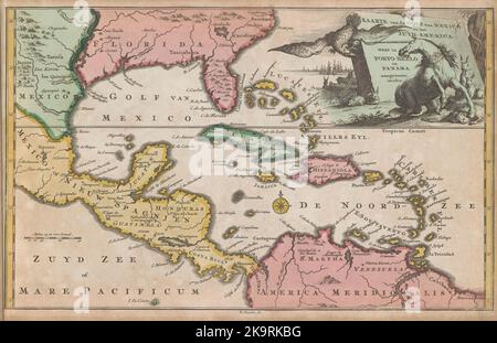 Mappa olandese vintage del 18th° secolo del Golfo del Messico e delle isole dei Caraibi, del Nord America del Sud, dell'America Centrale, del Messico e della Florida Foto Stock