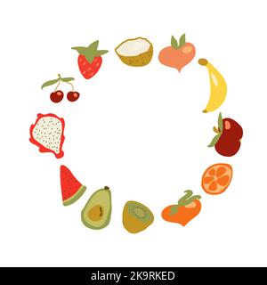 Carino mano disegnata scheda con divertente immagine di frutta. Banana, pitaya, fetta di anguria, kiwi, avocado, pesca, fragola, ciliegia, cocco, mela e frutti di pesca Illustrazione Vettoriale