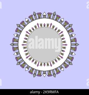 Cornice decorativa con case ornamentali. Edifici in cerchio. Immagini di casa disegnate a mano in stile doodle. Illustrazione Vettoriale