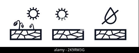 Simbolo di siccità superficie incrinata e vettore di secchezza icona tempo caldo Illustrazione Vettoriale