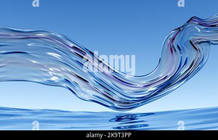 3d astratto sfondo ondulato lucido. Nastro di vetro trasparente che vola sulla superficie di riflessione dell'acqua. Rendering di alta qualità 3D realistico e iridescente Foto Stock