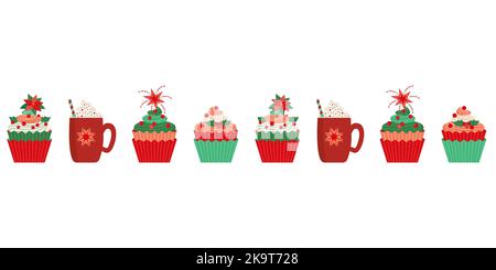 Cupcake natalizio e tazza di cacao bordo senza cuciture Illustrazione Vettoriale