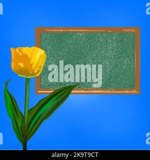 Lavagna con fiore di tulipano giallo su sfondo blu luminoso. Illustrazione Vettoriale