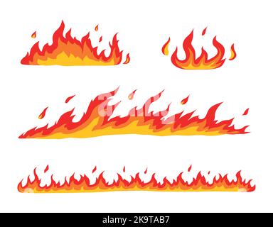 Fuoco fiamma. Falò di cartone e bordi di fuoco elementi decorativi. Modelli colorati per la masterizzazione di edifici, vettore hot set Illustrazione Vettoriale