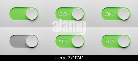 Pulsanti di commutazione Imposta modello. Interruttore verde ACCESO, VAI, sì, ACQUISTA. Cambia design per app o sito Web. rendering 3d. Foto Stock