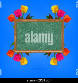Lavagna con colorati fiori di tulipano luminoso su sfondo blu. Illustrazione Vettoriale