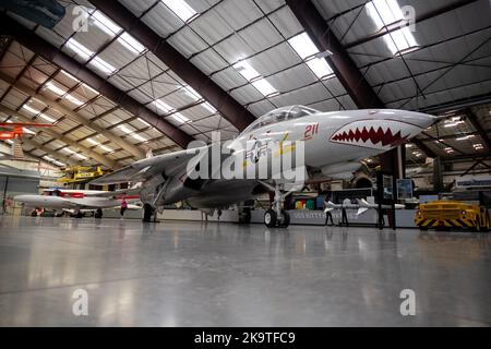 Un F-14 Tomcat con denti di squalo dipinti sul naso al Museo dell'aria e dello spazio di Pima Foto Stock