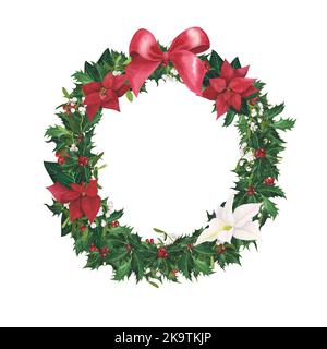 Corona Poinsettia, Mistletoe, Natale agrifoglio con arco rosso cornice acquerello isolato su sfondo bianco. Illustrazione o arte per il design, tessuti, me Foto Stock