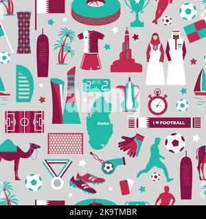 Qatar. Giornata nazionale. Calcio a tema. Motivo senza cuciture rivestimento in tessuto tendenza piatto desig. Illustrazione Vettoriale