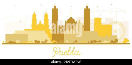 Puebla Città del Messico Skyline Silhouette con edifici dorati isolati su bianco. Illustrazione vettoriale. Illustrazione Vettoriale