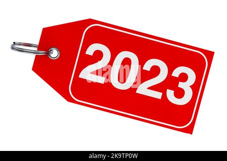 Promozione invernale. 2023 etichetta di Capodanno su sfondo bianco. rendering 3D Foto Stock
