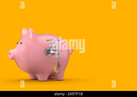 Concetto di risparmio idrico. Piggy Bank con rubinetto d'acqua e goccia d'acqua su sfondo giallo. rendering 3D Foto Stock