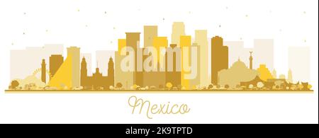 Silhouette dello skyline del Messico con edifici dorati isolati sul bianco. Illustrazione vettoriale. Concetto con architettura storica. Paesaggio urbano del Messico Illustrazione Vettoriale