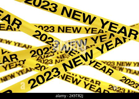 Attenzione strisce di nastro gialle con il cartello di Capodanno 2023 su sfondo bianco. rendering 3D Foto Stock