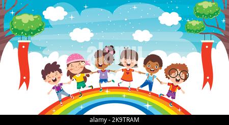 Bambini multietnici che giocano sull'arcobaleno Illustrazione Vettoriale