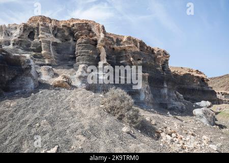 Paesaggio roccioso intorno al vulcano Montana de Guenia, Città stratificata, Lanzarote, Isole Canarie, Spagna Foto Stock