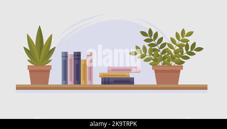 Libreria. Scaffale per libri con piante in vaso. Illustrazione vettoriale in stile cartoon piatto. Illustrazione Vettoriale