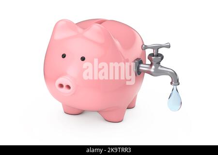 Concetto di risparmio idrico. Piggy Bank con rubinetto e goccia d'acqua su sfondo bianco. rendering 3D Foto Stock