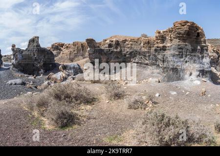 Paesaggio roccioso intorno al vulcano Montana de Guenia, Città stratificata, Lanzarote, Isole Canarie, Spagna Foto Stock