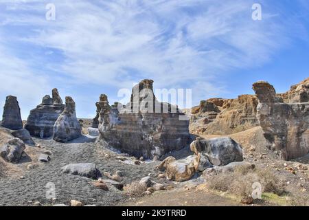 Paesaggio roccioso intorno al vulcano Montana de Guenia, Città stratificata, Lanzarote, Isole Canarie, Spagna Foto Stock