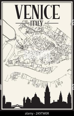 Mappa stampata a mano della rete di strade del centro di VENEZIA Illustrazione Vettoriale