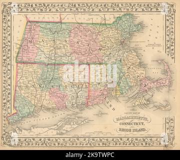 Mappa della contea di Massachusetts, Connecticut, e Rhode Island. MITCHELL 1869 Foto Stock