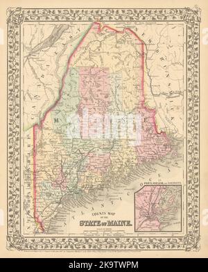 Mappa della contea dello stato del Maine. S. Augustus Mitchell. Porto di Portland 1869 Foto Stock