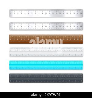 Vari righelli in metallo e plastica realistici con scala di misurazione e divisioni, contrassegni di misurazione. Righello scolastico, scala centimetrica e in pollici per la lunghezza Illustrazione Vettoriale