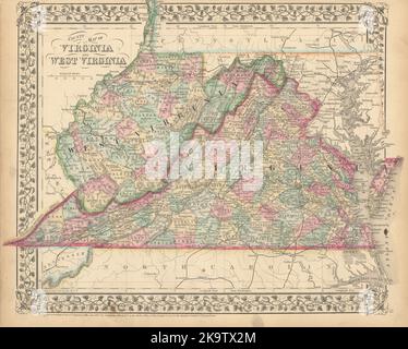 Mappa della contea di Virginia e West Virginia di Samuel Augustus Mitchell 1869 Foto Stock