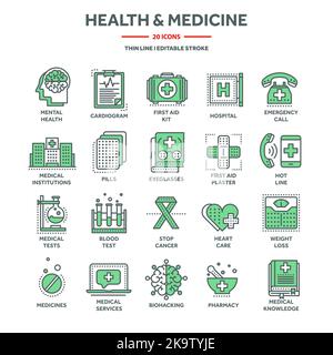 Assistenza sanitaria e medicina, pronto soccorso. Servizi ospedalieri, esami del sangue e diagnostica. Cardiogramma, battito cardiaco. Farmacia, pillole e farmaci. Linea sottile Illustrazione Vettoriale