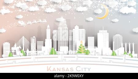 Kansas City Missouri Skyline in stile taglio carta con fiocchi di neve, Luna e Neon Garland. Vettore. Natale e Capodanno concetto. Babbo Natale sulla slitta. Illustrazione Vettoriale