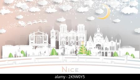 Skyline di Nizza Francia in stile taglio di carta con fiocchi di neve, Luna e Neon Garland. Illustrazione vettoriale. Natale e Capodanno concetto. Illustrazione Vettoriale