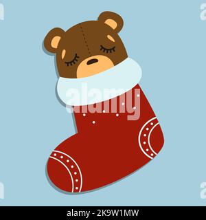 Carino orso cartone animato che dorme nelle calze di Natale. Illustrazione vettoriale di calze di Natale. Illustrazione Vettoriale
