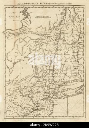 Mappa del fiume Hudson con il paese adiacente. New York, NJ. GENTES MAG 1778 Foto Stock