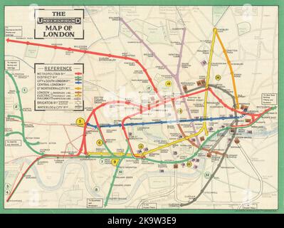 La mappa della metropolitana di Londra. Mappa della rete metropolitana 1911 vecchia carta antica Foto Stock