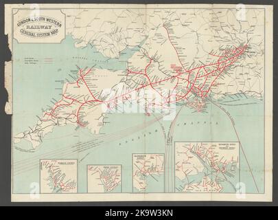 London & South Western Railway General System Map c1910 vecchia carta antica Foto Stock