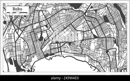 Baku Azerbaijan Mappa della città in bianco e nero in stile retro isolato su bianco. Mappa di contorno. Illustrazione vettoriale. Illustrazione Vettoriale