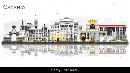 Catania Italia skyline della città con edifici grigi e riflessi isolati sul bianco. Illustrazione vettoriale. Illustrazione Vettoriale