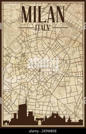Mappa stampata a mano della rete stradale del centro di MILANO Illustrazione Vettoriale