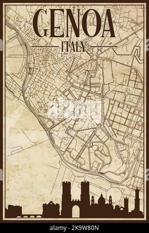 Mappa stampata a mano della rete stradale del centro di GENOVA Illustrazione Vettoriale