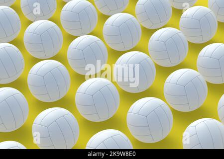 Modello di palline da pallavolo bianche su sfondo giallo. Attrezzature sportive. Torneo internazionale. Vincitore del campionato. Formazione in una scuola di sport. Foto Stock