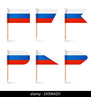 Realistiche bandiere russe diverse stuzzicadenti. Souvenir dalla Russia. Stuzzicadenti in legno con bandierina di carta. Contrassegno di posizione, puntatore della mappa. Mockup vuoto per Illustrazione Vettoriale