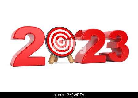 Darts Target come 2023 anno segno su uno sfondo bianco. rendering 3D Foto Stock