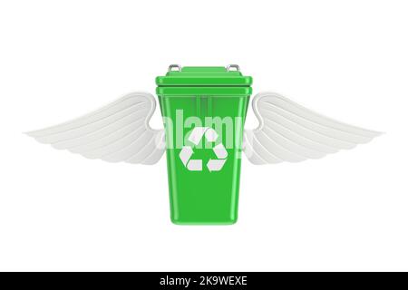 Recycle Sign Green Garbage Cestino con Angel Wings su sfondo bianco. rendering 3D Foto Stock