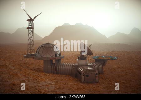 Ricerca Scienza pianeta Rosso Stazione base Marte costruzione closeup estremo. rendering 3D Foto Stock